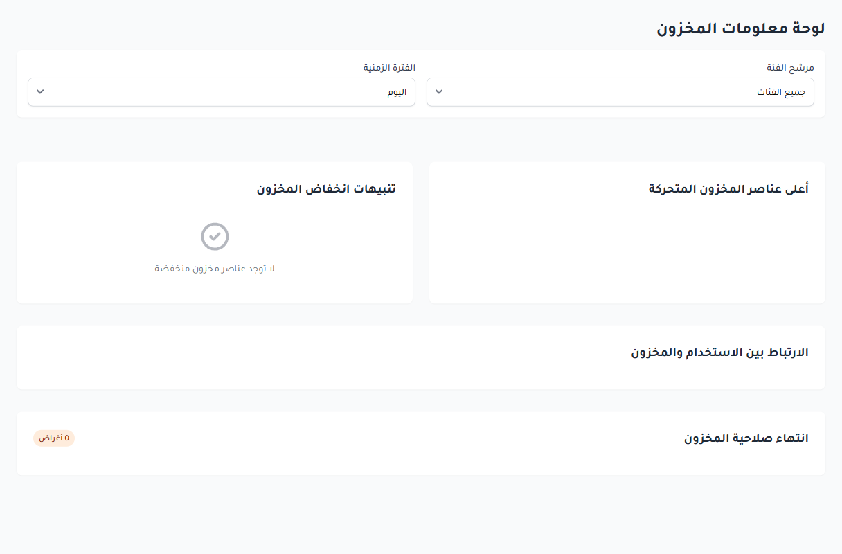 لوحة معلومات المخزون في أدوار باللغة العربية